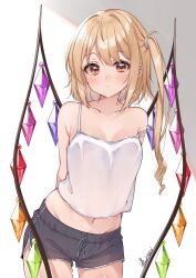 Rule 34 | 1girl, absurdres, black shorts, blonde hair, blush, breasts, camisole, collarbone, commentary request, crop top, crystal, crystal wings, dolphin shorts, flandre scarlet, groin, haruki (colorful macaron), highres, looking at viewer, navel, one side up, red eyes, shorts, side slit, side slit shorts, signature, small breasts, solo, strap slip, touhou, wet, wet hair, white camisole, wings