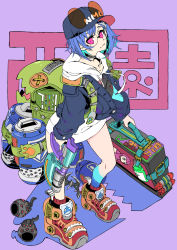 Rule 34 | 1girl, :3, apex legends, arc star, backpack, bag, blue hair, blue jacket, briefcase, dolphin hair ornament, explosive, glasses, grenade, highres, holding, holding briefcase, hood, hoodie, jacket, nijisanji, nishizono chigusa, nishizono chigusa (2nd costume), pink eyes, purple background, red footwear, shadow, shuriken, smile, solo, standing, tetsu booya, virtual youtuber, weapon, white hoodie