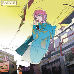 Rule 34 | 1boy, :p, amemura ramuda, blue eyes, blue jacket, blue nails, candy, city, commentary, feet out of frame, food, highres, holding, holding candy, holding food, holding lollipop, hood, hood down, hooded jacket, hypnosis mic, jacket, lollipop, long sleeves, looking at viewer, nail polish, open clothes, open jacket, outdoors, pink hair, reichio, short hair, sidelocks, standing, symbol-only commentary, tongue, tongue out