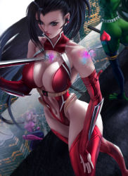 Rule 34 | 3girls, absurdres, aged up, arm guards, ass, asui tsuyu, bare shoulders, black hair, bodysuit, boku no hero academia, breasts, brown hair, building, city, cityscape, cleavage, commentary, elbow gloves, english commentary, frog girl, gloves, green bodysuit, grey eyes, highres, hip focus, hlulani, large breasts, leotard, looking at viewer, multicolored bodysuit, multicolored clothes, multiple girls, navel, outdoors, partially fingerless gloves, ponytail, red lips, rooftop, short hair, skin tight, skyscraper, smoking pipe, thighhighs, thighs, uraraka ochako, yaoyorozu momo