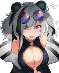Rule 34 | 1girl, absurdres, animal ears, arknights, black hair, breasts, cleavage, cleavage cutout, clothes pull, clothing cutout, dress pull, eyewear on head, feater (arknights), grey hair, highres, large breasts, looking at viewer, meow nyang, multicolored hair, open mouth, panda ears, red eyes, short hair, simple background, solo focus, streaked hair, sunglasses, sunglasses on head, sweat, twintails, white background