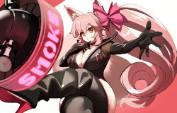 Rule 34 | 1girl, absurdres, animal ear fluff, animal ears, black bodysuit, bodysuit, bow, breasts, center opening, choker, cleavage, fate/grand order, fate (series), fox ears, fox girl, fox tail, grin, hair between eyes, hair bow, high heels, highres, hip vent, koyanskaya (assassin) (first ascension) (fate), koyanskaya (fate), large breasts, long hair, looking at viewer, naze, pink bow, pink hair, ponytail, sidelocks, smile, smoke grenade, solo, tail, tamamo (fate), yellow eyes
