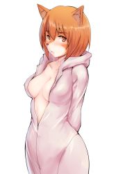 Rule 34 | 10s, 1girl, :&lt;, animal ears, arms behind back, babu, blush, breasts, brown eyes, brown hair, closed mouth, collarbone, dog ears, eyebrows, flying witch, hair between eyes, hood, hooded jacket, inukai (flying witch), jacket, looking at viewer, short hair, simple background, solo, unzipped, white background