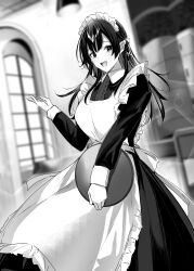 Rule 34 | 1girl, absurdres, apron, blurry, blurry background, bow, breasts, commentary request, depth of field, greyscale, hair bow, hand up, highres, hitotsuba kaede, holding, kakao (chocolate land), large breasts, long hair, maid, maid apron, maid headdress, monochrome, novel illustration, official art, open mouth, raised eyebrows, ryoushin no shakkin, sidelocks, smile, solo, teeth, unconventional maid, upper teeth only