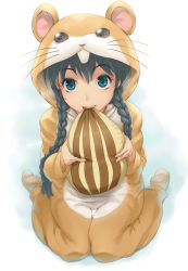 Rule 34 | 1girl, alternate hairstyle, animal costume, aqua eyes, biting, black hair, blue eyes, braid, cosplay, ganaha hibiki, hair over shoulder, hamster, hamster costume, hamuzou, hamuzou (cosplay), hood, idolmaster, idolmaster (classic), long hair, looking at viewer, mikel (4hands), pillow, seed, sitting, solo, twin braids, twintails, wariza, whiskers