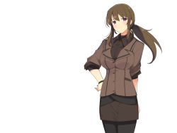 Rule 34 | 1girl, blush, breasts, brown hair, evenicle, female focus, game cg, hand on own hip, large breasts, legs, long hair, looking at viewer, pantyhose, ponytail, purple eyes, simple background, skirt, smile, solo, standing, thighs, yaegashi nan