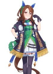 Rule 34 | 1girl, absurdres, animal ears, aosetsu, black gloves, black thighhighs, brown eyes, brown hair, buttons, double-breasted, dress, ear covers, feet out of frame, frilled panties, frills, garter straps, gloves, green dress, highres, horse ears, horse girl, horse tail, king halo (umamusume), layered dress, looking at viewer, panties, short sleeves, simple background, sleeveless, sleeveless dress, smile, solo, split mouth, stole, tail, thighhighs, umamusume, underwear, white background, zettai ryouiki