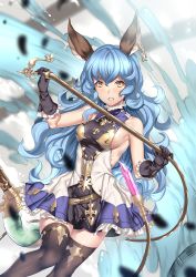 Rule 34 | 10s, 1girl, animal ears, bare shoulders, belt, black gloves, blue hair, breasts, brown thighhighs, deras, erune, ferry (granblue fantasy), gloves, granblue fantasy, looking at viewer, parted lips, sideboob, skirt, solo, thighhighs, thighs, whip, yellow eyes