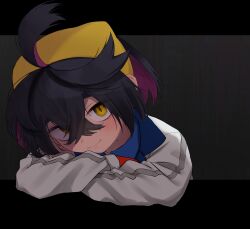 Rule 34 | 1boy, black background, black hair, blush, creatures (company), crossed bangs, game freak, gloves, hair between eyes, hairband, highres, jacket, kieran (pokemon), long sleeves, looking at viewer, male focus, mitorizu 02, mole, mole on neck, multicolored hair, nintendo, pokemon, pokemon sv, purple hair, red gloves, simple background, smile, solo, upper body, white jacket, yellow eyes
