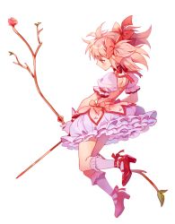 Rule 34 | 1girl, bow, bow (weapon), bubble skirt, choker, commentary request, dress, frilled skirt, frills, full body, gloves, hair bow, high heels, holding, holding bow (weapon), holding weapon, inzup, kaname madoka, kneehighs, korean commentary, magical girl, mahou shoujo madoka magica, mahou shoujo madoka magica (anime), pink dress, pink eyes, pink hair, profile, puffy short sleeves, puffy sleeves, red bow, red footwear, red ribbon, ribbon, short hair, short sleeves, short twintails, simple background, skirt, socks, solo, twintails, weapon, white background, white gloves, white skirt, white socks