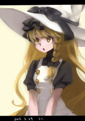 Rule 34 | 1girl, alternate color, black dress, blonde hair, bow, braid, dress, hat, hat bow, kirisame marisa, letterboxed, namauni, open mouth, puffy short sleeves, puffy sleeves, shirt, short sleeves, single braid, solo, touhou, white dress, witch hat, yellow eyes