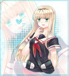 Rule 34 | 10s, 1girl, :d, bad id, bad pixiv id, beatori, blonde hair, green eyes, hair ornament, hair ribbon, kantai collection, long hair, looking at viewer, open mouth, personification, ribbon, school uniform, serafuku, short sleeves, simple background, smile, solo, white background, yuudachi (kancolle)