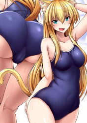Rule 34 | 1girl, animal ear fluff, animal ears, aqua eyes, arm up, ass, blonde hair, breasts, cat ears, cat tail, collarbone, fang, hair between eyes, highres, huge ass, large breasts, long hair, multiple views, nokoppa, one-piece swimsuit, open mouth, original, school swimsuit, swimsuit, tail, wet, white background