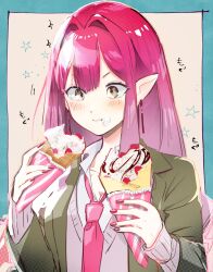 Rule 34 | 1girl, :t, baobhan sith (fate), blazer, blue background, blush, closed mouth, earrings, eating, fate/grand order, fate (series), food, food on face, grey eyes, hands up, highres, holding, holding food, holding ice cream, ice cream, iris (tb33064667), jacket, jewelry, long hair, long sleeves, multicolored background, nail polish, necktie, open clothes, open jacket, pink hair, pink necktie, pointy ears, red nails, school uniform, sidelocks, solo, star (symbol), upper body, white background