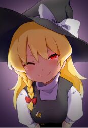 Rule 34 | 1girl, black hat, black skirt, black vest, blonde hair, blush, bow, braid, breasts, closed mouth, commentary request, cookie (touhou), hair between eyes, hair bow, hat, hat bow, highres, kirisame marisa, leaning forward, long hair, looking at viewer, medium bangs, medium breasts, one eye closed, pura (aiueo256375), purple background, red bow, red eyes, shirt, short sleeves, side braid, single braid, skirt, smile, solo, split mouth, suzu (cookie), touhou, turtleneck, unusually open eyes, upper body, vest, vignetting, white bow, white shirt, witch hat