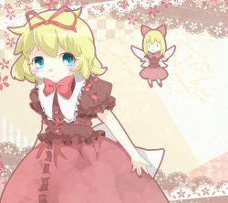 Rule 34 | 1girl, :&gt;, blonde hair, blouse, blue eyes, blush stickers, bow, capelet, cherry blossoms, doll, fairy wings, female focus, hair bow, hair ribbon, happa o, lace, looking at viewer, medicine melancholy, open hand, pink background, ribbon, shirt, short hair, skirt, smile, solo, su-san, touhou, upper body, wings, yellow background