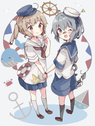 Rule 34 | 2girls, ;d, anchor, bandaid, bandaid on face, bandaid on nose, blue headwear, blue sailor collar, blue shorts, blue skirt, blush, brown eyes, brown hair, brown neckerchief, commentary, grey background, grey eyes, grey hair, hair between eyes, hat, highres, holding, kneehighs, looking at viewer, looking to the side, multiple girls, neckerchief, one eye closed, open mouth, original, peaked cap, pleated skirt, sailor collar, sailor hat, ship&#039;s wheel, shirt, short eyebrows, short shorts, shorts, skirt, smile, socks, standing, symbol-only commentary, thick eyebrows, tsukiyo (skymint), twintails, watch, white headwear, white sailor collar, white shirt, wristwatch