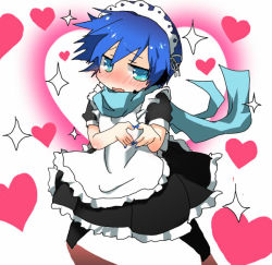 Rule 34 | 1boy, blue eyes, blue hair, blush, clothes, crossover, full body, headphones, heart, heart hands, k-on!, kaito (vocaloid), maid, male focus, matching hair/eyes, nail polish, scarf, short hair, solo, standing, vocaloid