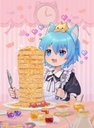 Rule 34 | 1other, :3, apron, blue eyes, blue hair, cup, dress, drooling, food, fork, fruit, heart, holding, holding fork, holding knife, honey, jam, knife, maid apron, misskey.io, murakami-san (misskey.io), open mouth, other focus, pancake, pancake stack, plate, short hair, sparkle, strawberry, suzushiro subaru, table, tea, teacup, wrist cuffs