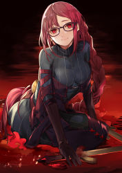 Rule 34 | 1girl, braid, fate/grand order, fate (series), g yuusuke, glasses, long hair, looking at viewer, red eyes, red hair, smile, solo, sword, very long hair, weapon, yu mei-ren (fate), yu mei-ren (first ascension) (fate)