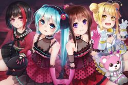 Rule 34 | + +, 4girls, :d, antennae, bang dream!, bare shoulders, black gloves, black hair, black hairband, black hat, black neckerchief, black sailor collar, blonde hair, blue eyes, blue hair, blush, breasts, brown eyes, brown hair, cleavage, closed mouth, collarbone, commentary request, diagonal bangs, double bun, dress, earrings, elbow gloves, flower, gloves, grey hairband, hair between eyes, hair bun, hair ornament, hairband, halter dress, halterneck, hands up, hat, hatsune miku, head tilt, heart, holding hands, hot kakigoori, interlocked fingers, jewelry, lace, lace-trimmed hairband, lace trim, long hair, looking at viewer, medium breasts, mitake ran, multicolored hair, multiple girls, neckerchief, open mouth, parted lips, peaked cap, pink background, pink gloves, planet hair ornament, polka dot, polka dot dress, polka dot hairband, purple eyes, red dress, red flower, red hair, red rose, red shirt, rose, round teeth, sailor collar, school uniform, see-through, serafuku, shirt, short shorts, shorts, side bun, sidelocks, single side bun, sitting, sleeveless, sleeveless dress, small breasts, smile, star (symbol), star hair ornament, streaked hair, striped clothes, striped hairband, stuffed animal, stuffed toy, teddy bear, teeth, toyama kasumi, tsurumaki kokoro, twintails, unworn hat, unworn headwear, upper teeth only, v-shaped eyebrows, vocaloid, white gloves, white shorts