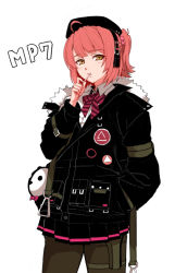 Rule 34 | 1girl, ahoge, bad id, bad pixiv id, beret, blush, candy, character name, commentary request, english text, food, fur-trimmed hood, fur trim, girls&#039; frontline, hat, headset, holding, holding candy, holding food, hood, jacket, lollipop, looking at viewer, mp7 (girls&#039; frontline), pantyhose, pleated skirt, red hair, simple background, skirt, solo, standing, taesi, white background, yellow eyes