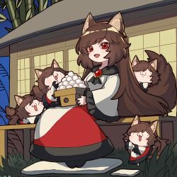 Rule 34 | 5girls, :3, :d, animal ears, bamboo, basket, brooch, brown hair, dress, fang, imaizumi kagerou, jewelry, long hair, looking at viewer, lowres, multiple girls, night, open mouth, outdoors, red dress, red eyes, romayasu, sitting, smile, tail, touhou, two-tone dress, white dress, wolf ears, wolf girl, wolf tail