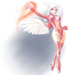 Rule 34 | 1girl, adder, angel wings, breasts, cleavage, covered erect nipples, female focus, final fantasy, final fantasy tactics, full body, gradient background, head wings, highres, leotard, long hair, midriff, red eyes, red thighhighs, silver hair, solo, thighhighs, ultima (fft), white background, wings