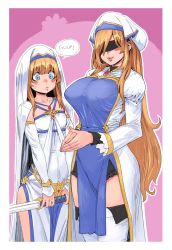 Rule 34 | 10s, 2girls, archvermin, blindfold, blonde hair, blush, boots, border, breasts, closed mouth, collarbone, cosplay, costume switch, detached sleeves, goblin slayer!, hat, highres, large breasts, long hair, long sleeves, multiple girls, pink background, priestess, priestess (goblin slayer!), small breasts, smile, speech bubble, sword, sword maiden, thigh boots, thighhighs, thighs, weapon, white border