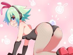 Rule 34 | 1girl, all fours, animal ears, ass, azure striker gunvolt, bare shoulders, blue eyes, blush, breasts, cougar (cougar1404), elbow gloves, fake animal ears, from behind, gloves, green hair, hairband, high heels, leotard, looking at viewer, medium breasts, open mouth, pantyhose, playboy bunny, rabbit ears, rabbit tail, roro (gunvolt), shiny clothes, shiny skin, short hair, sideboob, smile, solo, tail