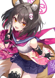Rule 34 | 1girl, animal ears, bare shoulders, blue archive, brown hair, izuna (blue archive), looking at viewer, open mouth, shirokitsune, simple background, sleeveless, solo, yellow eyes