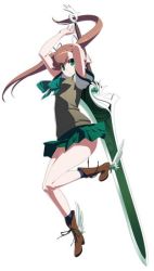 Rule 34 | 1girl, ankle wings, artist request, boots, brown hair, cross-laced footwear, female focus, green eyes, hair ribbon, huge weapon, lace-up boots, long hair, nanase (under night in-birth), official art, ribbon, school uniform, skirt, solo, sweater vest, sword, twintails, under night in-birth, weapon, wings