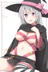 Rule 34 | 1girl, asymmetrical legwear, ayachi nene, belt, belt bra, belt collar, black cloak, black hat, black skirt, black sleeves, blush, bow, breasts, breasts squeezed together, cleavage, cloak, collar, commentary request, commission, curvy, eyelashes, eyes visible through hair, grey hair, hair between eyes, hair ribbon, hand up, hat, hat bow, highres, hip vent, large breasts, leaning back, long hair, long sleeves, looking at viewer, miniskirt, mismatched legwear, navel, open mouth, pink bow, pinstripe bow, pleated skirt, purple eyes, red belt, ribbon, sanoba witch, shy, silver116, simple background, single thighhigh, sitting, skindentation, skirt, smile, solo, stomach, striped clothes, striped thighhighs, thighhighs, wariza, white background, wide sleeves, witch, witch hat, yellow eyes