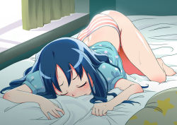 Rule 34 | 10s, 1girl, ass, bad id, bad pixiv id, barefoot, bed, blue hair, blush, heartcatch precure!, kurumi erika, long hair, panties, precure, senzoc, sleeping, solo, striped clothes, striped panties, sweat, top-down bottom-up, underwear, underwear only, wet