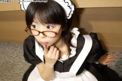 Rule 34 | 1girl, apron, asian, cosplay photo, finger on lips, from above, glasses, looking away, maid, maid apron, maid headdress, medium hair, photo (medium), solo, tagme