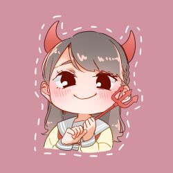Rule 34 | 1girl, aida rikako, blush, braid, brown hair, chibi, closed mouth, commentary request, cropped torso, demon horns, french braid, grey sailor collar, highres, holding trident, horns, kashikaze, long hair, long sleeves, looking at viewer, love live!, love live! sunshine!!, neckerchief, pink background, real life, red neckerchief, sailor collar, sakurauchi riko, school uniform, serafuku, shirt, simple background, smile, solo, upper body, uranohoshi school uniform, voice actor, voice actor connection, white shirt