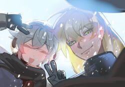 1boy 1girl arm_up blonde_hair blush chinese_commentary closed_eyes closed_mouth coat couple ear_blush earmuffs friends gloves green_eyes hair_between_eyes hands_up happy head_tilt highres honkai_(series) honkai_impact_3rd huabu308 kallen_kaslana light_smile long_hair long_sleeves looking_at_viewer open_mouth otto_apocalypse outdoors piercing scarf snow snowing v white_hair winter_clothes