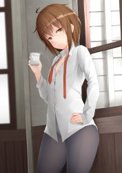 Rule 34 | 1girl, ahoge, bad id, bad pixiv id, black pantyhose, brown eyes, brown hair, collared shirt, cup, flat chest, holding, holding cup, kantai collection, long sleeves, looking at viewer, ne an ito, necktie, no pants, panties, panties under pantyhose, pantyhose, red necktie, shirt, short hair, smile, solo, underwear, wakaba (kancolle), white shirt