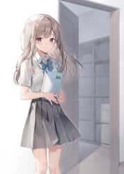 Rule 34 | 1girl, black skirt, blue bow, bookshelf, bow, brown eyes, brown hair, closed mouth, collared shirt, commentary request, long hair, looking at viewer, midorikawa you, open door, original, pleated skirt, school uniform, shirt, short sleeves, skirt, smile, solo, white shirt