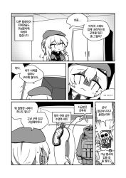 Rule 34 | ..., 2girls, :&lt;, diamond mouth, anger vein, beret, cabinet, chibi, closed mouth, clothes hanger, coat, comic, commander (girls&#039; frontline), commentary request, crossed bangs, diamond mouth, door, duck innertube, female commander (girls&#039; frontline), girls&#039; frontline, goggles, griffin &amp; kryuger military uniform, hair ribbon, hand on own cheek, hand on own face, hat, highres, indoors, kalina (girls&#039; frontline), korean commentary, korean text, long hair, madcore, monochrome, multiple girls, necktie, opening door, ribbon, slit pupils, spoken ellipsis, sweatdrop, tactical clothes, translation request, turn pale