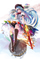 Rule 34 | 1girl, black hat, black skirt, blue hair, boots, bow, bowtie, commentary request, cross-laced footwear, food, fruit, fruit hat ornament, hat, highres, hinanawi tenshi, holding, holding sword, holding weapon, keystone, knee boots, l.f., lace-up boots, leaf, leaf hat ornament, long hair, looking at viewer, open mouth, peach, peach hat ornament, pink eyes, rainbow order, red bow, red bowtie, shirt, short sleeves, skirt, smile, solo, sword, sword of hisou, touhou, very long hair, weapon, white shirt