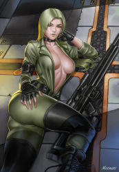 Rule 34 | 1girl, audia pahlevi, belt, black footwear, blonde hair, breasts, choker, cleavage, commentary, fingerless gloves, fingernails, floor, gloves, gun, h&amp;k psg1, hand on own hip, hand on own cheek, hand on own face, highres, jacket, konami, large breasts, long hair, lying, metal gear (series), metal gear solid, on side, open clothes, open jacket, rifle, sleeves rolled up, sniper rifle, sniper wolf, solo, weapon, yellow eyes