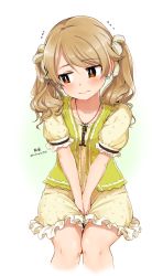 Rule 34 | 1girl, alternate hairstyle, between legs, blush, brown eyes, collarbone, commentary request, cropped legs, dress, earrings, fidgeting, floral print, frilled dress, frilled sleeves, frills, hair ribbon, hand between legs, highres, idolmaster, idolmaster cinderella girls, jewelry, kirikirimai (kkm), light brown hair, looking away, looking to the side, morikubo nono, necklace, ribbon, short sleeves, signature, simple background, sitting, solo, stud earrings, twintails, twitter username, v arms, wavy mouth