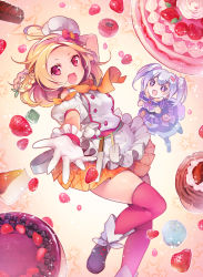 Rule 34 | + +, 2girls, :d, apron, black footwear, blonde hair, blueberry, bow, cake, cheesecake, chef hat, cupcake, dress, flower knight girl, food, food-themed background, fruit, full body, gloves, hands on own face, hat, hat bow, highres, iberis (flower knight girl), looking at viewer, mg kurino, multiple girls, open mouth, orange scarf, orange skirt, outstretched hand, plaid, plaid skirt, pleated skirt, puffy sleeves, purple dress, purple eyes, red bow, red eyes, red legwear, scarf, shoes, short hair, silver hair, skirt, smile, spatula, star (symbol), strawberry, thighhighs, twintails, whipped cream, white gloves, yadorigi (flower knight girl)