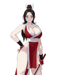 Rule 34 | 1girl, bad id, bad pixiv id, bare shoulders, breasts, brown eyes, brown hair, cleavage, closed mouth, commentary, dongho kang, dress, english commentary, fatal fury, folded fan, folding fan, hair ornament, hand fan, hand on own hip, high ponytail, highres, large breasts, long hair, looking at viewer, pelvic curtain, ponytail, red dress, shiranui mai, simple background, sleeveless, sleeveless dress, snk, solo, standing, the king of fighters, thighs, white background