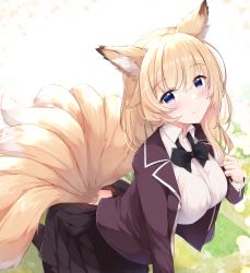 Rule 34 | 1girl, absurdres, animal ear fluff, animal ears, black bow, black pantyhose, black skirt, blonde hair, bow, breasts, brown jacket, closed mouth, clothing cutout, collared shirt, commentary request, dress shirt, fox ears, fox girl, fox tail, fuuna, hair between eyes, hand up, highres, jacket, kitsune, kneeling, kyuubi, leaning forward, long hair, long sleeves, looking at viewer, medium breasts, multiple tails, open clothes, open jacket, original, pantyhose, pleated skirt, purple eyes, shirt, skirt, smile, solo, tail, tail through clothes, white shirt