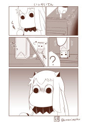 Rule 34 | 10s, 1girl, ?, arrow (symbol), collar, comic, commentary request, computer, female focus, frown, gradient background, highres, horns, kantai collection, long hair, mittens, monochrome, moomin, moomintroll, muppo, northern ocean princess, plug, sazanami konami, solo, translation request, twitter username, usb