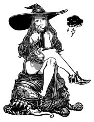 Rule 34 | 1girl, bare shoulders, breasts, cloud, crossed legs, detached sleeves, dragon&#039;s crown, dress, greyscale, hat, kahadu (kawazu), large breasts, legs, lightning bolt symbol, long hair, monochrome, monster, one-eyed, potion, simple background, sitting, smile, sorceress (dragon&#039;s crown), thighhighs, witch, witch hat