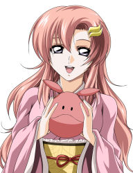 Rule 34 | 00s, 1girl, eyebrows, gundam, gundam seed, gundam seed destiny, hair ornament, happy, haro, holding, japanese clothes, kimono, lacus clyne, long hair, looking at viewer, mumumu (road), open mouth, pink hair, purple eyes, simple background, smile, solo, standing, tagme, tongue, upper body, white background