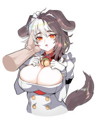 Rule 34 | 1girl, animal ears, bell, blush, breasts, brown hair, cleavage, cleavage cutout, clothing cutout, collar, disembodied hand, dog ears, dog tail, eyebrows, fang, gloves, hachiko of castling, headpat, large breasts, last origin, maid, maid headdress, multicolored hair, neck bell, open mouth, red eyes, solo focus, split-color hair, taesi, tail, two-tone hair, upper body, white gloves, white hair, wrist cuffs